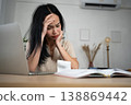 An Asian woman sits indoors holding receipts and a credit card, appearing concerned. The scene reflects financial stress, personal budgeting, and the emotional impact of managing expenses in a home 138869442