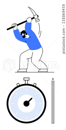 Labor, work efficiency, productivity, time management, effort, determination. Worker swings a pickaxe with a clock and pencil below. Labor and work efficiency concept 138869459