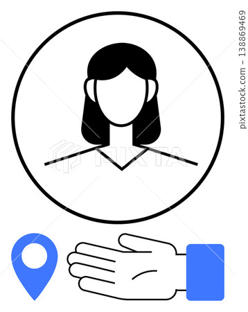Social networking, geolocation services, identity verification, user interaction, technology interfaces, profile systems. Female avatar in a circle, blue pin and a hand. Identity verification Social networking, geolocation services, identity verification, user interaction, technology interfaces, profile systems. Female avatar in a circle, blue pin and a hand. Identity verification 138869469