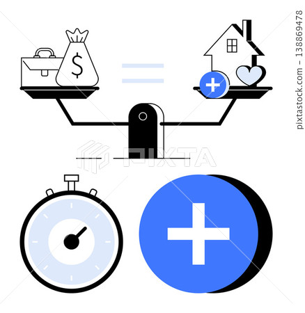 Financial planning, health prioritization, decision-making, investment, savings, work-life balance. Scales with money, house and health icons stopwatch and plus symbol. Financial balance Financial planning, health prioritization, decision-making, investment, savings, work-life balance. Scales with money, house and health icons stopwatch and plus symbol. Financial balance 138869478