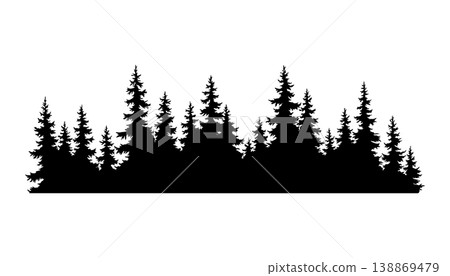 Fir trees silhouette. Coniferous spruce horizontal background pattern, black evergreen woods vector illustration. Beautiful hand drawn panorama of coniferous forest 138869479
