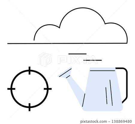 Agriculture, irrigation, precision farming, water conservation, eco-friendly technology, weather control. Minimalist design of a watering can, target and cloud. Agriculture and irrigation concepts Agriculture, irrigation, precision farming, water conservation, eco-friendly technology, weather control. Minimalist design of a watering can, target and cloud. Agriculture and irrigation concepts 138869480