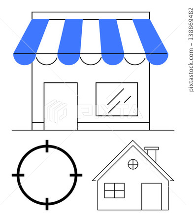 Business location, real estate, navigation tools, homeownership, retail branding, and target focus. Features a shopfront with blue awning, house and target symbol. business location and real estate 138869482