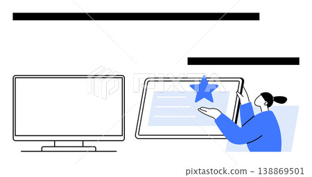 Business success, online reviews, user interaction, digital branding, customer experience, technology platforms. A person interacting with a tablet showing a star rating. Online reviews and business Business success, online reviews, user interaction, digital branding, customer experience, technology platforms. A person interacting with a tablet showing a star rating. Online reviews and business 138869501