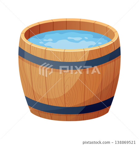 Wooden bath. Wood tub, cartoon rustic water bath barrel for public sauna traditional banya or onsen japanese hot spring, wellness relaxing bathtub basin neat vector illustration of tub bath wooden 138869521