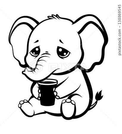 Sleepy tender baby elephant holding warm cup in soft clinic corner, gentle eyes full of care, bandaged toy nearby, soothing milk steam, comforting caregiver scene, compassionate mood 138869545
