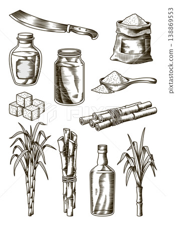Cane sugar. Set of product from sugarcane plants. Engraving Hand drawn natural organic food and natural ingredients. Fresh squeezed sugarcane in glass, sugar in heap and cubes, bamboo and rum Cane sugar. Set of product from sugarcane plants. Engraving Hand drawn natural organic food and natural ingredients. Fresh squeezed sugarcane in glass, sugar in heap and cubes, bamboo and rum 138869553