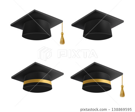 Realistic Black graduate caps set. 3D Graduation Doctoral hat. Realistic Black graduate caps set. 3D Graduation Doctoral hat. 138869595