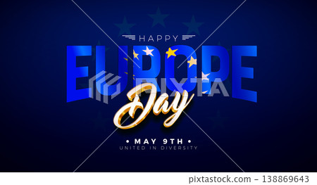 Europe Day Banner Illustration with European Union Flag in Text Label on Blue Background. Vector 9 May United in Diversity Celebration Design with Typography Letter for Banner, Postcard, Greeting Card Europe Day Banner Illustration with European Union Flag in Text Label on Blue Background. Vector 9 May United in Diversity Celebration Design with Typography Letter for Banner, Postcard, Greeting Card 138869643