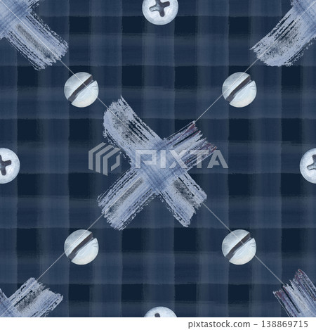 Seamless watercolor industrial pattern with screw heads on blue plaid background 138869715