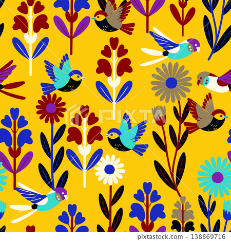 Vibrant folk art vector pattern featuring stylized flying birds and botanical blooms. A colorful, seamless design perfect for textiles, and decor. 138869716