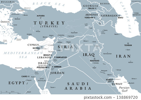 Eastern Mediterranean, Turkey and countries of the Levant, gray political map. Heart of the Middle East encompassing Anatolia, and countries along the eastern Mediterranean coast. Illustration. Vector Eastern Mediterranean, Turkey and countries of the Levant, gray political map. Heart of the Middle East encompassing Anatolia, and countries along the eastern Mediterranean coast. Illustration. Vector 138869720