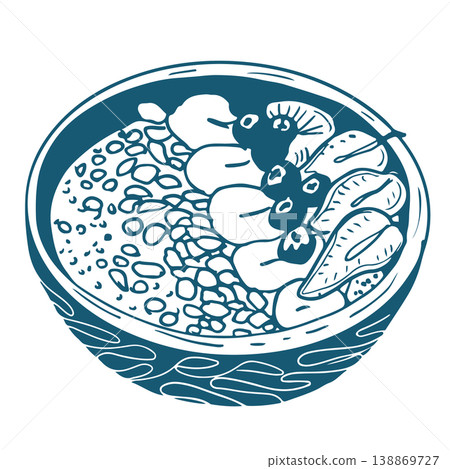 Hand drawn sketch illustration of a fruits bowl. Vintage mediterranian blue style. Hand drawn sketch illustration of a fruits bowl. Vintage mediterranian blue style. 138869727