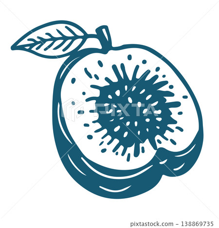 Hand drawn sketch illustration of half a peach. Vintage mediterranian blue style. Hand drawn sketch illustration of half a peach. Vintage mediterranian blue style. 138869735