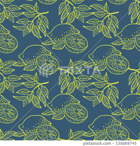 Hand drawn seamless pattern with lemons. Retro Italia dolce vita background perfect for menus, wrapping, wallpapers. Hand drawn seamless pattern with lemons. Retro Italia dolce vita background perfect for menus, wrapping, wallpapers. 138869745