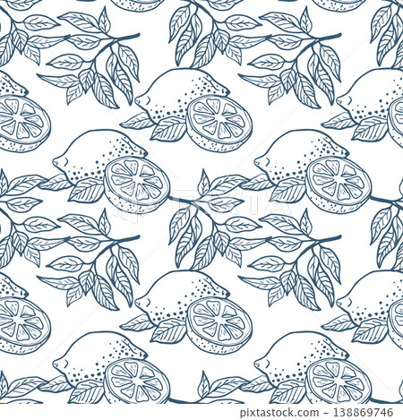 Hand drawn seamless pattern with lemons. Retro Italia dolce vita background perfect for menus, wrapping, wallpapers. 138869746
