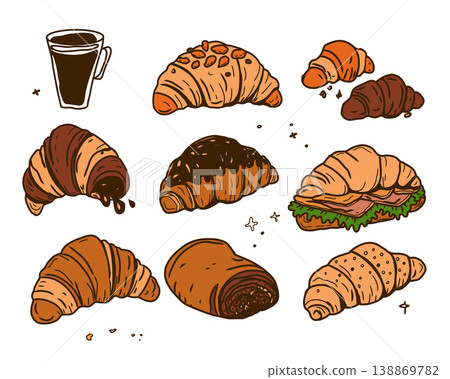 Hand drawn vector set of croissants and coffee perfect for invitations, menus, parties. La dolce vita minimalist line art for poster, placard, print, card. 138869782