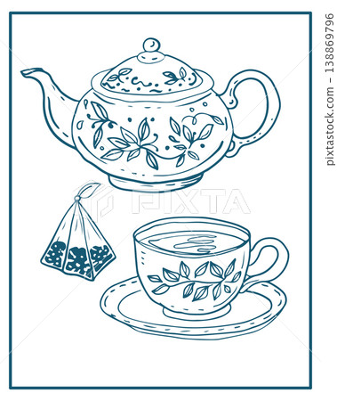 Hand drawn vector illustration of tea pot and cup of tea, perfect for invitations, menus, parties. La dolce vita minimalist line art for poster, placard, print, card. Hand drawn vector illustration of tea pot and cup of tea, perfect for invitations, menus, parties. La dolce vita minimalist line art for poster, placard, print, card. 138869796