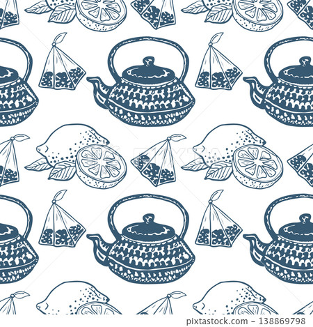 Hand drawn vintage italian seamless pattern with tea pots and cups. Retro Italia dolce vita background perfect for menus, wrapping, wallpapers. Hand drawn vintage italian seamless pattern with tea pots and cups. Retro Italia dolce vita background perfect for menus, wrapping, wallpapers. 138869798