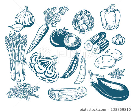 Hand drawn vintage mediterranean blue vegetables set. Dolce vita style food illustration perfect for cafe or restaurant menus design. Hand drawn vintage mediterranean blue vegetables set. Dolce vita style food illustration perfect for cafe or restaurant menus design. 138869810
