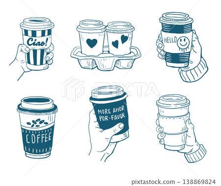 Hand drawn vintage mediterranean blue coffee to go set. Dolce vita style food illustration perfect for cafe or restaurant menus design. 138869824