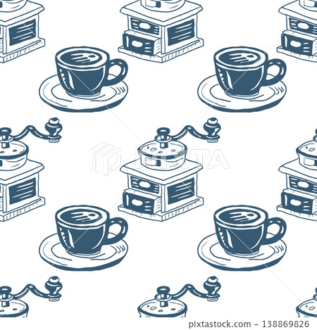 Hand drawn vintage italian seamless pattern with coffe drinks. Retro Italia dolce vita background perfect for menus, wrapping, wallpapers. Hand drawn vintage italian seamless pattern with coffe drinks. Retro Italia dolce vita background perfect for menus, wrapping, wallpapers. 138869826