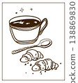 Hand drawn vector illustration of croissant and coffee perfect for invitations, menus, parties. La dolce vita minimalist line art for poster, placard, print, card. 138869830
