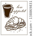 Hand drawn vector illustration of croissant and coffee perfect for invitations, menus, parties. La dolce vita minimalist line art for poster, placard, print, card. 138869831