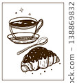 Hand drawn vector illustration of croissant and coffee perfect for invitations, menus, parties. La dolce vita minimalist line art for poster, placard, print, card. 138869832