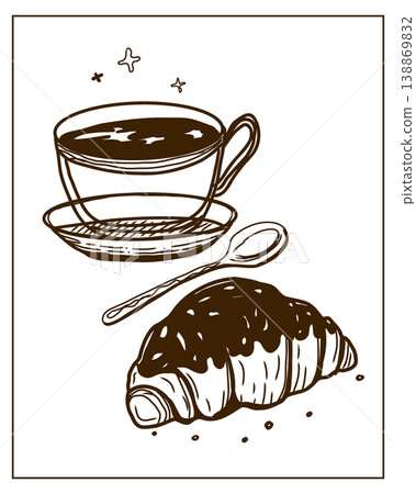 Hand drawn vector illustration of croissant and coffee perfect for invitations, menus, parties. La dolce vita minimalist line art for poster, placard, print, card. 138869832