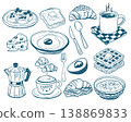 Hand drawn vintage mediterranean blue breakfast set. Dolce vita style food illustration perfect for cafe or restaurant menus design. 138869833