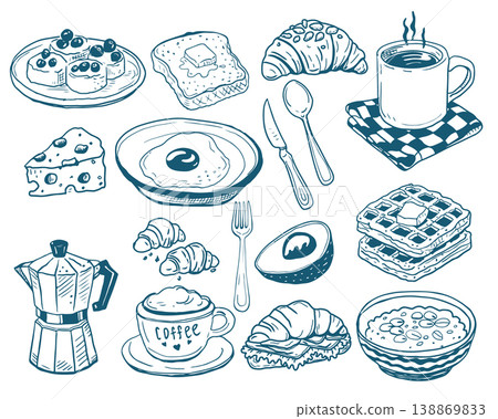 Hand drawn vintage mediterranean blue breakfast set. Dolce vita style food illustration perfect for cafe or restaurant menus design. 138869833