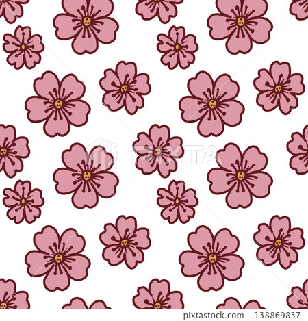 Spring floral seamless pattern with pink cherry blossom. Vector background. Spring floral seamless pattern with pink cherry blossom. Vector background. 138869837
