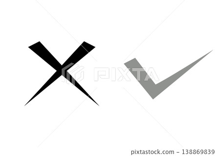 Simple black and white illustrations of a checkmark and an X. Simple black and white illustrations of a checkmark and an X. 138869839