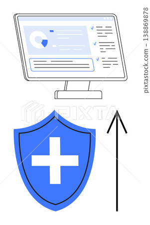 Cybersecurity, data protection, online safety, technology solutions, secure access, digital progress. A shield with a cross, computer interface and upward arrow. Cybersecurity and data protection Cybersecurity, data protection, online safety, technology solutions, secure access, digital progress. A shield with a cross, computer interface and upward arrow. Cybersecurity and data protection 138869878
