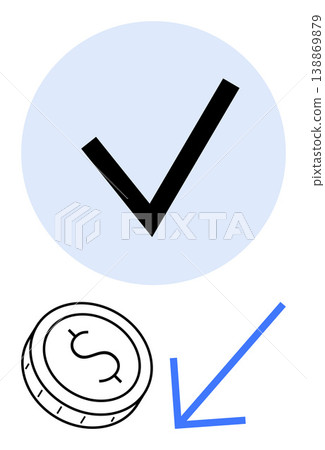 Financial transactions, cost reduction, budgeting, savings, investment, validation. Checkmark, coin and arrow . Financial transactions and cost reduction concepts Financial transactions, cost reduction, budgeting, savings, investment, validation. Checkmark, coin and arrow . Financial transactions and cost reduction concepts 138869879