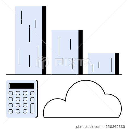 Business planning, financial analysis, data storage, cloud computing, economic growth, digital tools. Bar graph, calculator cloud outline. Financial analysis and business planning concept Business planning, financial analysis, data storage, cloud computing, economic growth, digital tools. Bar graph, calculator cloud outline. Financial analysis and business planning concept 138869880