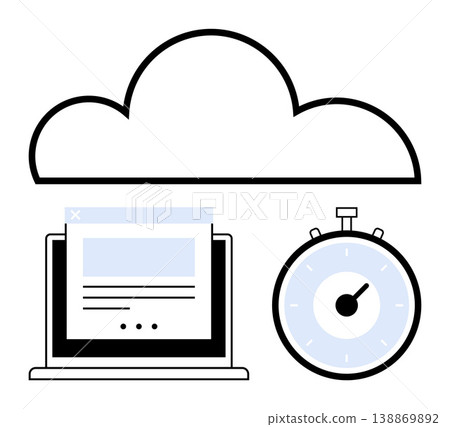 Cloud computing, data transfer, internet speed, digital storage, productivity tools, web applications. Cloud above laptop and stopwatch. Cloud computing and data transfer concept Cloud computing, data transfer, internet speed, digital storage, productivity tools, web applications. Cloud above laptop and stopwatch. Cloud computing and data transfer concept 138869892