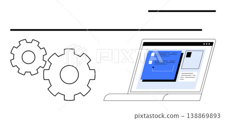 Technology services, business automation, software engineering, digital transformation, workflow optimization, online tools. Laptop screen with interface design and two gear icons. Business 138869893