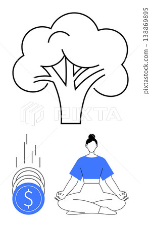 Wellness, financial planning, eco-conscious living, mindfulness, inner peace, stress management. Illustration with a tree, coins and meditating woman. Mindfulness and financial planning concept Wellness, financial planning, eco-conscious living, mindfulness, inner peace, stress management. Illustration with a tree, coins and meditating woman. Mindfulness and financial planning concept 138869895