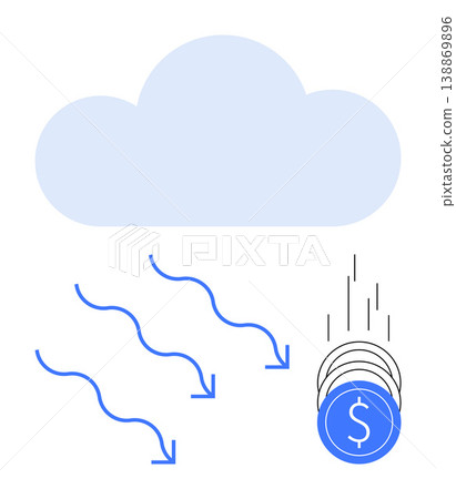 Cloud computing, cost management, financial savings, data storage, scalable technology, efficiency. Image shows a cloud, arrows and falling coins. Cloud computing and cost management Cloud computing, cost management, financial savings, data storage, scalable technology, efficiency. Image shows a cloud, arrows and falling coins. Cloud computing and cost management 138869896