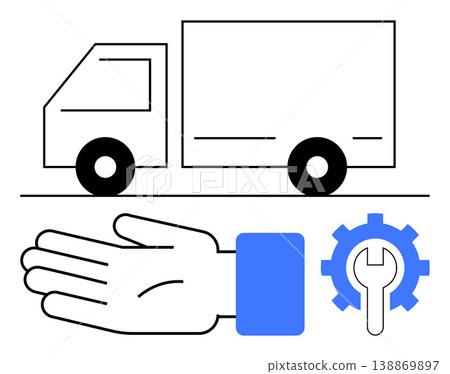 Logistics, maintenance, delivery, transportation, services, vehicle repair. Outline of a truck, hand and a gear icon with a wrench. Logistics and vehicle repair concepts Logistics, maintenance, delivery, transportation, services, vehicle repair. Outline of a truck, hand and a gear icon with a wrench. Logistics and vehicle repair concepts 138869897