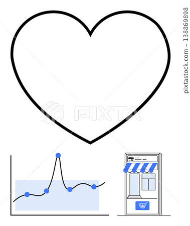 Ecommerce, consumer behavior, business analytics, customer loyalty, sales trends, data insights. Heart above a graph and a digital storefront. Ecommerce and consumer behavior concepts Ecommerce, consumer behavior, business analytics, customer loyalty, sales trends, data insights. Heart above a graph and a digital storefront. Ecommerce and consumer behavior concepts 138869898