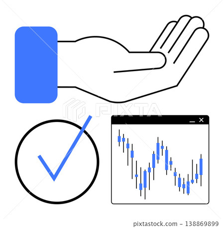 Finance, trust, stock trading, data analysis, business decision-making, investment. Open hand, checkmark stock market chart. Finance and stock trading concept Finance, trust, stock trading, data analysis, business decision-making, investment. Open hand, checkmark stock market chart. Finance and stock trading concept 138869899