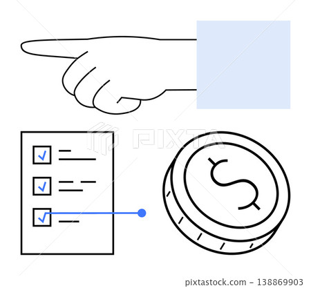 Budget planning, financial goals, task management, decision-making, prioritization, saving money. A hand pointing to a checklist and dollar coin illustration. Budget planning and financial goals 138869903