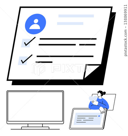 User authentication, identity verification, online forms, digital collaboration, remote work, data management. Checklist and profile on a document. Identity verification and online forms theme 138869911