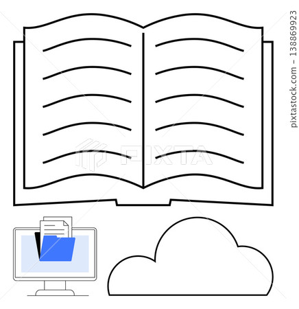 Education, digital storage, cloud computing, knowledge sharing, organization, document management. An open book, computer screen with a folder and cloud graphic. Education and digital storage Education, digital storage, cloud computing, knowledge sharing, organization, document management. An open book, computer screen with a folder and cloud graphic. Education and digital storage 138869923