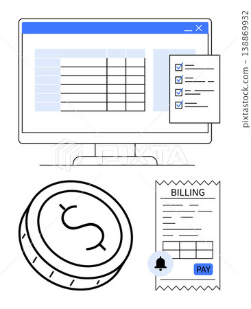 Financial management, online payments, e-billing, invoicing, record-keeping, e-commerce. A computer screen displays data with a checklist, alongside a dollar coin and a billing receipt. Financial Financial management, online payments, e-billing, invoicing, record-keeping, e-commerce. A computer screen displays data with a checklist, alongside a dollar coin and a billing receipt. Financial 138869932