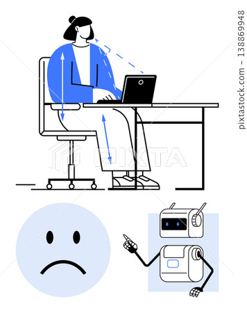 Office health, ergonomics, robotics, workplace posture, productivity, digital training. A person working at a desk with posture guidance and robotic assistance. Office health and ergonomics concept Office health, ergonomics, robotics, workplace posture, productivity, digital training. A person working at a desk with posture guidance and robotic assistance. Office health and ergonomics concept 138869948