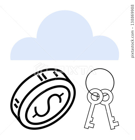 Data security, financial management, encryption, cloud storage, cybersecurity, access control. A cloud icon with a coin and key pair. Cybersecurity and financial management concepts 138869988